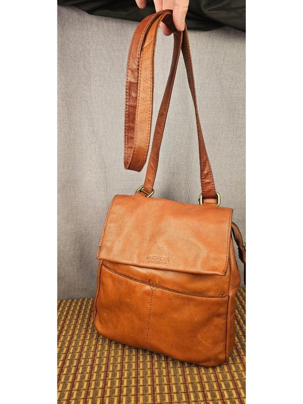 American Leather Co. Cognac Brown Crossbody Bag With Adjustable Strap & Magnetic